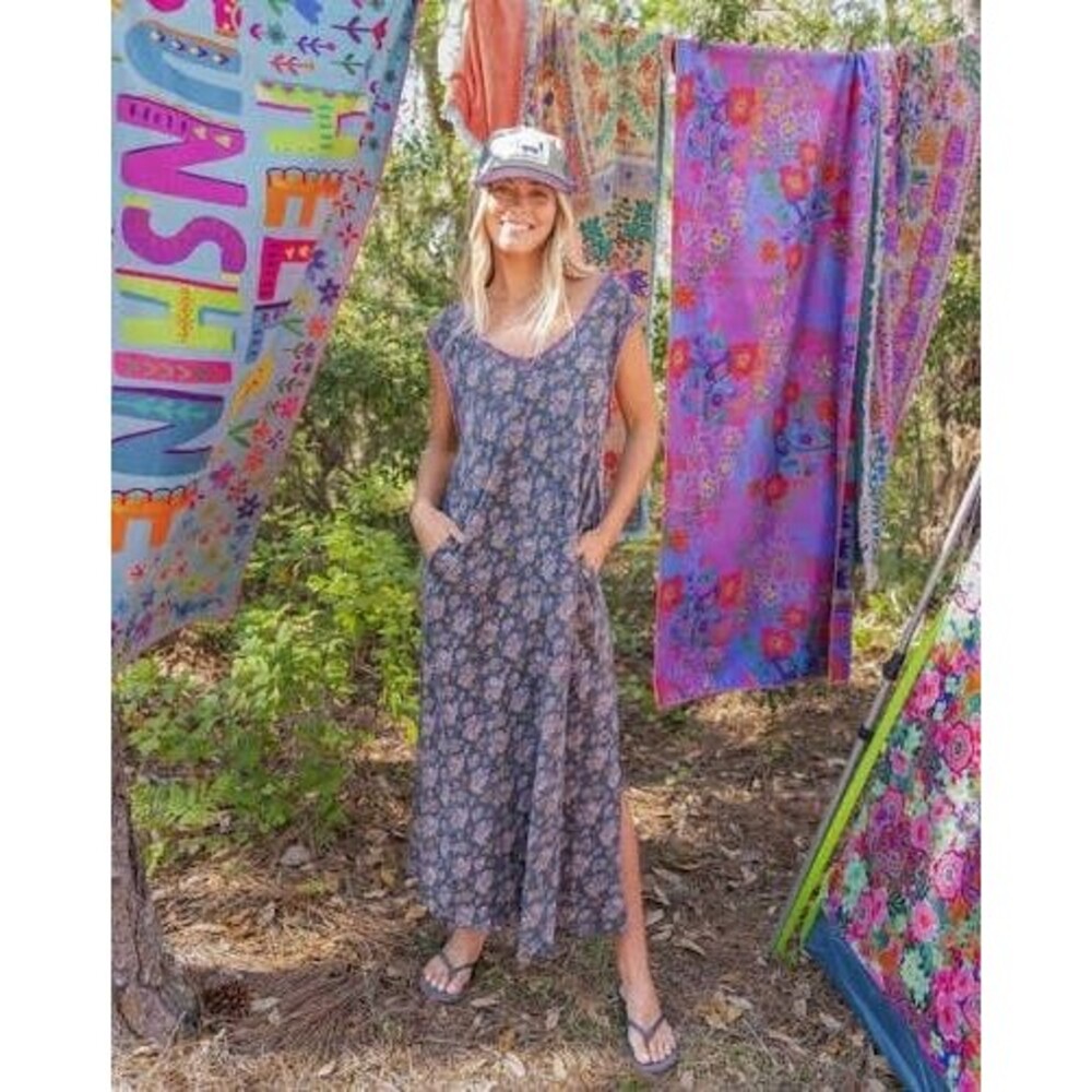 Natural Life M Boho Floral Comfy Hangout Cotton Midi Dress W/pockets Cottagecore